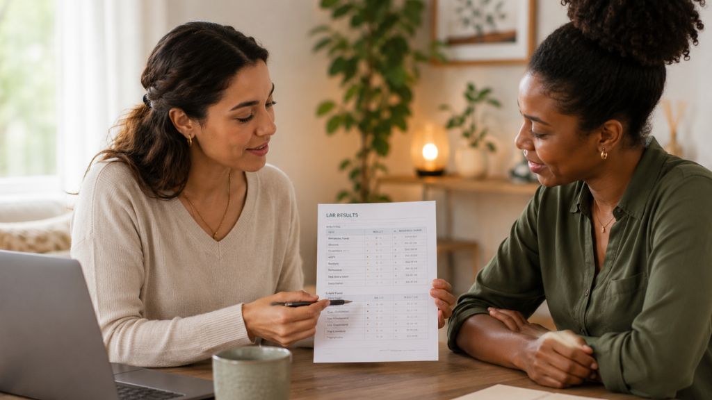 Reviewing hormone, thyroid, nutrient, and wellness laboratory results during a comprehensive evaluation.