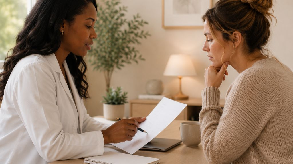 Women’s mental health provider reviewing laboratory testing and symptoms together during a consultation.